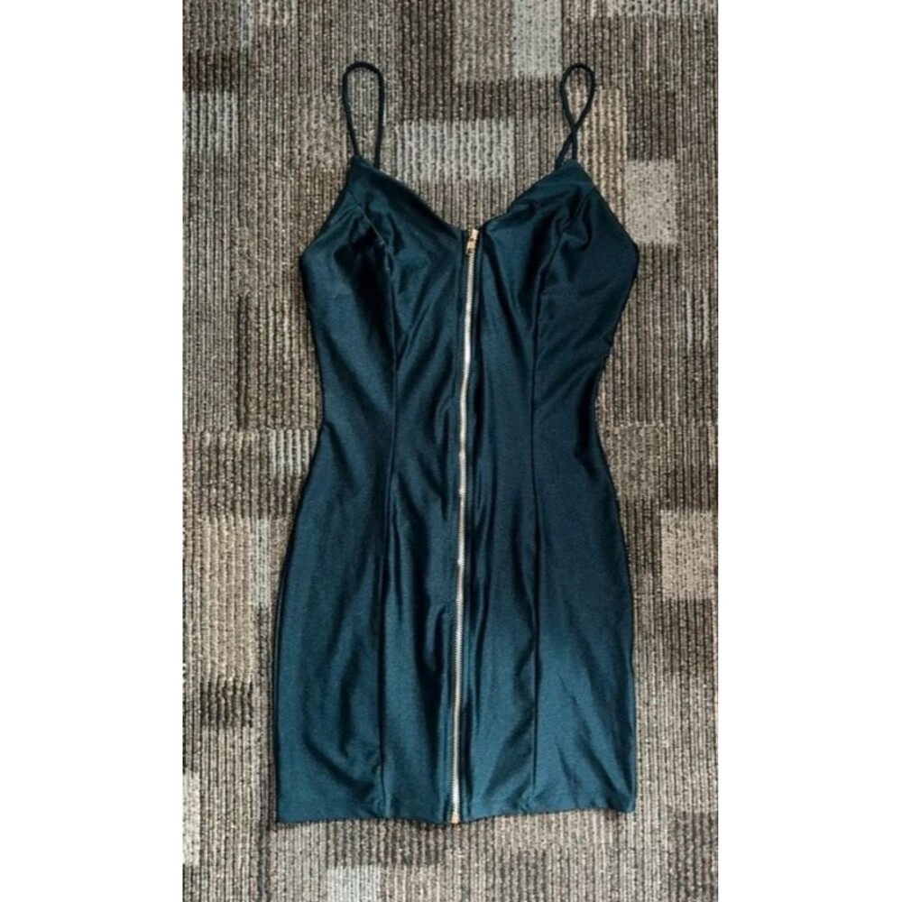 IRIS Dark Teal Bodycon Mini Dress Gold Zip Spaghetti Strap Size M